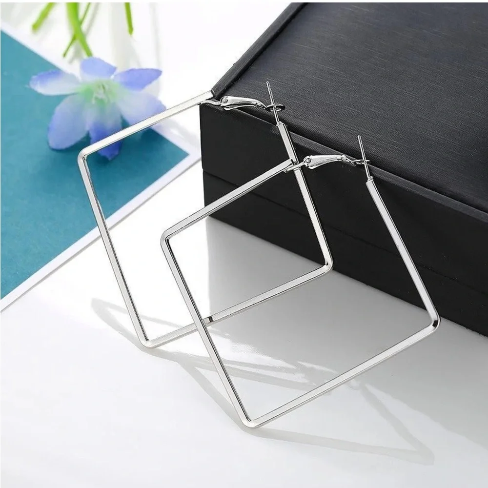 Silver Square Metallic Hoop Earrings - Picture 6 of 8